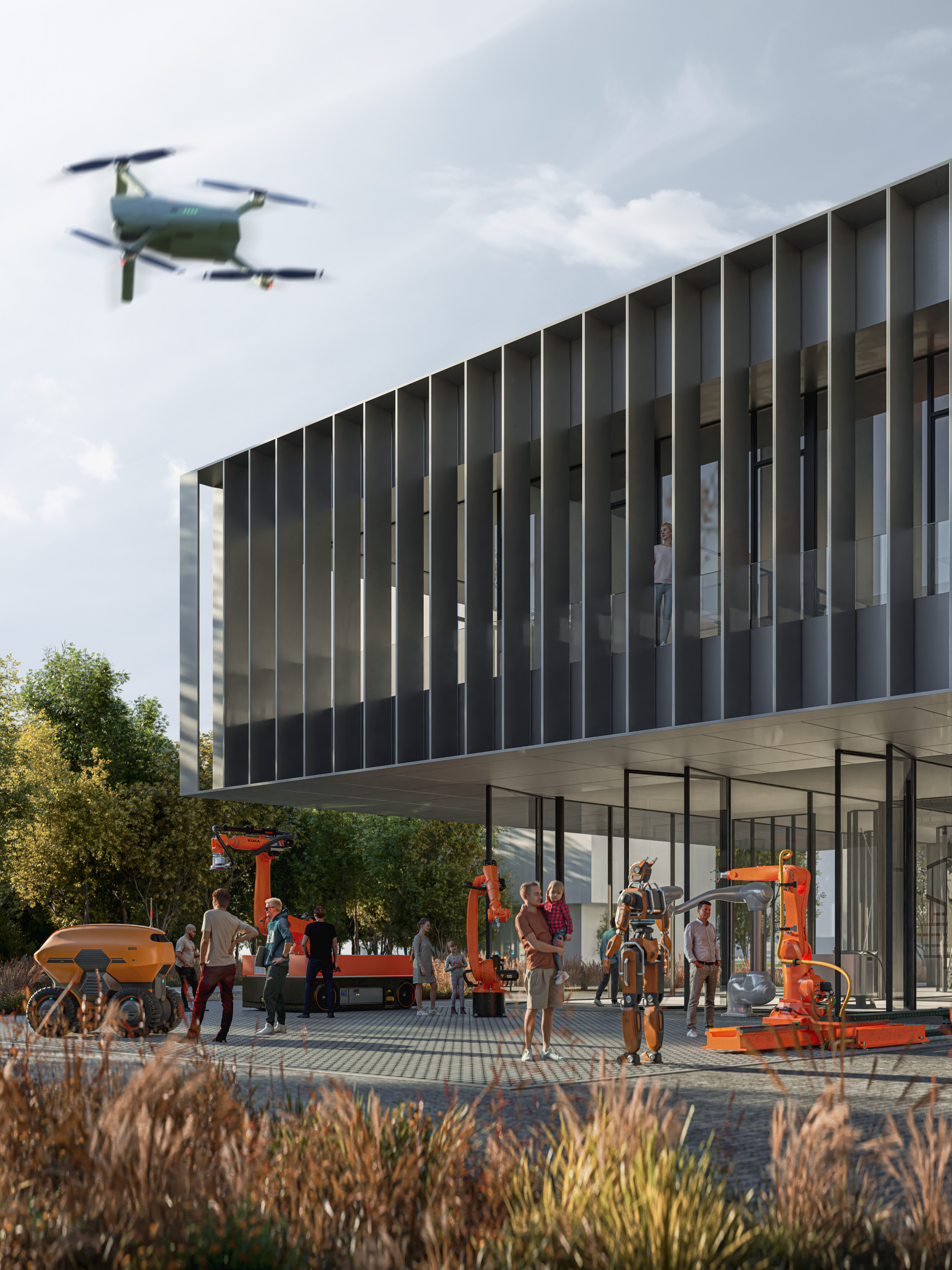 Centre of Excellence of AI Modern glass and steel office building with people gathered around autonomous robots, robotic arms, and a drone flying overhead during an outdoor technology demonstration. The scene highlights AI, digital innovation, automation, robotics, and digital intelligence in a real world business environment.